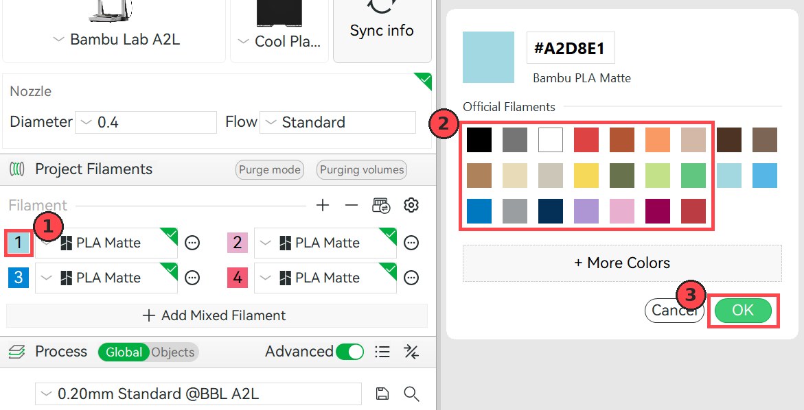 Bambu Studio Project Filaments panel with the number 1 color square clicked and the color picker open