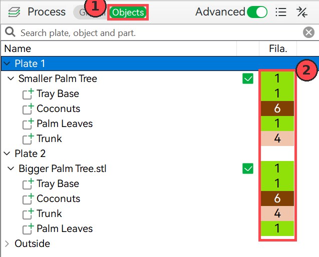 Bambu Studio Objects list with the Filament section showing the filament number for each part